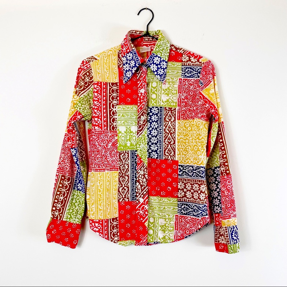 JC Penney Vintage Patchwork Shirt Blouse Top Boho Hippie Cowgirl